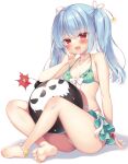  1girl anklet arm_support barefoot bikini blue_hair bomb bow bracelet breasts cleavage collarbone explosive feet flower_anklet flower_bracelet front-tie_bikini_top front-tie_top green_bikini hand_on_own_cheek hand_on_own_face jewelry legs light_blue_hair necklace original red_eyes sazaki_ichiri sitting small_breasts soles solo swimsuit toenails toes twintails white_background white_bow 