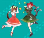  2girls :3 animal_ear_fluff animal_ears black_bow black_footwear black_ribbon blue_background blunt_bangs blush bow bowtie braid brown_eyes brown_hair buttons cat_ears cat_tail chen commentary dress earrings extra_ears footwear_bow frilled_dress frills full_body green_dress green_headwear hair_bow hat jewelry kaenbyou_rin kanon_(rsl) leg_ribbon long_bangs long_hair long_sleeves looking_at_viewer medium_bangs mob_cap multiple_girls multiple_hair_bows multiple_tails one_eye_closed open_mouth paw_pose paw_print paw_print_background pointy_ears red_eyes red_hair red_skirt red_vest ribbon shirt short_hair single_earring skirt skirt_set smile star_(symbol) tail touhou twin_braids two_tails vest white_bow white_bowtie white_shirt 