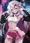  1girl absurdres armpits bell belt black_jacket blurry blurry_background blush crop_top double_bun double_v fishnet_pantyhose fishnets flower_knot grey_hair hair_bell hair_bun hair_ornament headphones headphones_around_neck highres hololive horn_ornament horns jacket keesuke_(kkosyoku) lightning_bolt_symbol long_hair midriff multicolored_hair nakiri_ayame navel neon_lights oni_horns pantyhose pink_eyes pink_hair pink_skirt shirt sign skirt smile solo streaked_hair teeth thighhighs thighhighs_over_pantyhose twitter_username v virtual_youtuber white_belt white_shirt white_thighhighs 