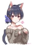  1girl :&lt; animal_ear_fluff animal_ears black_hair blue_scrunchie blush brown_hair cat_ears cat_girl cat_tail collarbone commentary grey_sweater hair_between_eyes highres idolmaster idolmaster_shiny_colors long_sleeves looking_at_viewer morino_rinze paopao paw_pose paw_print scrunchie short_hair sidelocks solo strapless sweater tail twitter_username upper_body white_background 