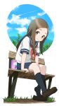  1girl black_socks blue_sailor_collar blue_skirt blue_sky blush brown_eyes brown_footwear brown_hair can closed_mouth cloud commentary_request forehead grape_juice highres karakai_jouzu_no_takagi-san kuro_kosyou loafers long_hair neckerchief on_bench parted_bangs pleated_skirt red_neckerchief sailor_collar school_uniform serafuku shirt shoes short_sleeves sitting skirt sky smile socks solo takagi-san white_background white_shirt 