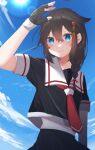  1girl absurdres ahoge black_gloves black_hair black_serafuku black_shirt black_skirt blue_eyes blue_sky braid cloud commentary_request gloves hair_flaps hair_ornament hair_over_shoulder highres kantai_collection kazama_gorou long_hair neckerchief red_neckerchief sailor_collar school_uniform serafuku shading_eyes shigure_(kancolle) shigure_kai_ni_(kancolle) shirt single_braid skirt sky solo upper_body white_sailor_collar 