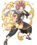  1boy belt black_footwear black_jacket black_pants brown_belt clenched_hand crossover fairy_tail fire full_body gate_of_nightmares highres jacket looking_at_viewer mashima_hiro natsu_dragneel official_art pants pink_hair sandals scarf short_hair shoulder_tattoo single_sleeve solo spiked_hair tattoo transparent_background white_scarf 