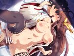  1boy 1girl absurdres bare_shoulders black_thighhighs blush breasts breasts_apart brown_hair censored faceless faceless_male french_kiss highres hime_cut japanese_clothes kantai_collection kiss kongou_(kancolle) konpeto large_breasts long_hair motion_lines navel nipples nude open_clothes open_mouth penis pointless_censoring profile purple_eyes pussy sex sex_from_behind spread_legs thighhighs tongue tongue_out very_long_hair 