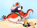  2017 anthro beach big_breasts big_butt bikini bikini_bottom bikini_top breasts butt canid canine claws clothing dinosaur distracted duo facesitting fangs female fox hair half-closed_eyes holding_object holding_phone huge_butt hyper hyper_butt loki_(shenzel) male mammal narrowed_eyes paws phone pose posing_for_picture raised_tail reptile sand scales scalie seaside selfie shenzel side_boob sitting sitting_on_another swimming_trunks swimwear tail tail_between_legs teeth theropod thick_thighs toe_claws tongue tongue_out trinity_(shenzel) tyrannosaurid tyrannosaurus tyrannosaurus_rex wide_hips 