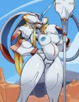 2023 android areola belly big_breasts bodily_fluids breasts darling_in_the_franxx female genital_fluids genitals hand_on_hip horn huge_breasts humanoid machine metal metallic_body nipples pochincoff pregnant pussy pussy_juice robot robot_humanoid solo strelizia studio_trigger thick_thighs wide_hips 