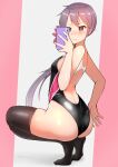 1girl absurdres akebono_(kancolle) ass black_eyes black_one-piece_swimsuit black_thighhighs breasts commentary_request competition_swimsuit flower full_body hair_flower hair_ornament highleg highleg_swimsuit highres holding holding_phone kantai_collection katsuten long_hair looking_at_object looking_at_phone multicolored_clothes multicolored_swimsuit one-piece_swimsuit phone purple_hair side_ponytail small_breasts solo squatting swimsuit taking_picture thighhighs two-tone_background very_long_hair 