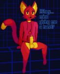  2023 anthro balls bodily_fluids bottomless bottomless_male clothed clothing comradecat cute_fangs dialogue digital_media_(artwork) domestic_cat dripping english_text erection eyebrows felid feline felis fjbcat foreskin fur genital_fluids genitals half-closed_eyes hi_res hoodie hoodie_only humanoid_genitalia humanoid_penis inner_ear_fluff inviting leaking_precum looking_at_viewer male mammal narrowed_eyes partially_clothed penis pixel_(artwork) precum presenting presenting_penis raised_inner_eyebrows red_body red_fur sitting smile solo spread_legs spreading text topwear topwear_only tuft yellow_body yellow_fur yellow_sclera 