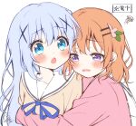  2girls :o blue_eyes blue_hair blush chestnut_mouth commentary dot_nose gochuumon_wa_usagi_desu_ka? hair_between_eyes hair_ornament hairclip hoto_cocoa hug kafuu_chino light_blue_hair long_hair long_sleeves medium_hair mozukun43 multiple_girls orange_hair purple_eyes school_uniform signature simple_background sketch squiggle translated white_background x_hair_ornament yuri 