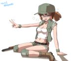  1girl absurdres arm_support baseball_cap belt black_belt breasts brown_eyes brown_hair cleavage commentary crop_top drops_mint fio_germi glasses green_headwear green_jacket green_shorts gun half-closed_eye hat highres jacket knee_pads leaning_back looking_at_viewer medium_breasts medium_hair metal_slug midriff motion_lines navel open_clothes open_jacket open_mouth round_eyewear shadow shirt short_ponytail short_shorts shorts shotgun side_cutout simple_background sitting sleeveless sleeveless_jacket smile solo sweat v wariza weapon white_background white_shirt wristband 