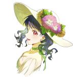  1girl artist_request black_hair breasts cleavage earrings fangs flower_hat fukumaru_koito hat idolmaster idolmaster_shiny_colors jewelry looking_at_viewer looking_to_the_side red_eyes skin_fangs small_breasts solo straw_hat swept_bangs twintails upper_body white_background 