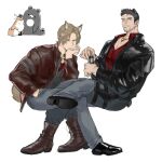  2boys absurdres animal_ears animalization bara bear_boy bear_ears beard brown_hair chibi chibi_inset chris_redfield denim elbow_rest facial_hair fox_boy fox_ears full_body highres invisible_chair jacket jeans large_pectorals leather leather_jacket leon_s._kennedy male_focus mature_male multiple_boys muscular muscular_male naijarski pants pectoral_cleavage pectorals red_shirt resident_evil resident_evil_4 resident_evil_4_(remake) shirt short_hair sitting stubble yaoi 