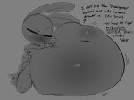  absurd_res anthro anthro_pred areola belly big_areola big_belly blush breasts burping clothed clothing dialogue digital_media_(artwork) disney english_text eyes_closed female finger_in_mouth greyscale hi_res human human_prey hyper hyper_belly judy_hopps kneeling lagomorph larger_prey leporid mammal medium_breasts monochrome oral_vore rabbit size_difference smaller_pred solo talking_to_prey text theboogie topless vore zootopia 