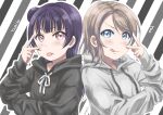  2girls blue_eyes blush brown_hair highres hood hoodie love_live! love_live!_sunshine!! multiple_girls purple_eyes purple_hair rippe short_hair smile striped striped_background tongue tongue_out tsushima_yoshiko v watanabe_you 