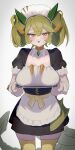  1girl apron black_dress blush breasts detached_collar dragon_girl dragon_horns dragon_tail dress duel_monster green_hair green_horns green_thighhighs highres horns kashu_(hizake) large_breasts long_hair looking_at_viewer maid_headdress open_mouth parlor_dragonmaid puffy_short_sleeves puffy_sleeves short_sleeves smile solo tail thighhighs thighs tray white_apron wrist_cuffs yellow_eyes yu-gi-oh! 