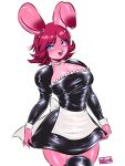  anthro breasts choker cleavage clothed clothing ear_piercing ear_ring female furgonomics furry-specific_piercing hi_res jewelry lagomorph legwear leporid luvon maid_uniform mammal necklace piercing rabbit ring_piercing simple_background solo thigh_highs uniform white_background 