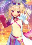  1girl :d asymmetrical_gloves bikini blonde_hair blurry blurry_background braid breasts cloud collarbone commentary_request commission crown depth_of_field elbow_gloves fate/grand_order fate_(series) gloves groin jacket kou_hiyoyo looking_at_viewer mismatched_gloves navel nero_claudius_(fate) open_clothes open_jacket queen_draco_(fate) red_bikini red_eyes red_gloves scales skeb_commission sky sleeveless sleeveless_jacket sling_bikini_top small_breasts smile solo standing sunset swimsuit white_gloves white_jacket 