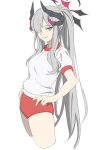  1girl absurdres alternate_costume alternate_hairstyle black_horns blue_archive buruma cropped_legs grey_eyes grey_hair gym_uniform halo hands_on_hips highres horns kashiwa_(iersansi) long_hair looking_at_viewer makoto_(blue_archive) multiple_horns ponytail red_buruma shirt short_sleeves simple_background solo white_background white_shirt 