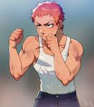  1boy check_copyright clenched_hands copyright_request cowboy_shot denim fighting_stance frown gradient_hair jeans kiri_futoshi looking_ahead male_focus multicolored_hair muscular muscular_male original pants pectorals shiny_skin short_hair sidepec solo tank_top thick_eyebrows white_tank_top 