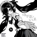  1girl alternate_costume artist_name backbeako backbeard blush commentary_request dated dress enmaided gegege_no_kitarou gloves hair_over_one_eye hair_ribbon kono_lolicon_domome long_hair looking_back maid maid_headdress monochrome open_hand open_mouth original pointy_ears puffy_short_sleeves puffy_sleeves ribbon shirt short_sleeves simple_background solo torotei translated twintails twitter_username upper_body very_long_hair white_background 