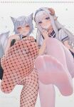  2girls absurdres animal_ear_fluff animal_ears bare_legs blue_eyes blue_hairband blush closed_mouth curled_horns ear_piercing feet fishnet_pantyhose fishnets foot_focus fox_ears fox_tail from_below grey_hair hair_between_eyes hairband highres horns looking_at_viewer multiple_girls no_shoes orange_eyes original pantyhose parted_lips piercing qizhu sheep_ears sheep_horns shirt short_sleeves smile soles standing standing_on_one_leg tail toes white_hair white_pantyhose white_shirt 