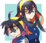  1boy 1girl ahoge black_hair blue_jacket blue_shirt brother_and_sister buttons carmine_(pokemon) closed_mouth collared_shirt colored_inner_hair commentary_request crossed_bangs eyelashes hair_between_eyes hairband jacket kieran_(pokemon) kizami_(hetaisi) long_hair looking_at_viewer mole mole_on_neck multicolored_hair pokemon pokemon_(game) pokemon_sv shirt siblings upper_body white_jacket yellow_eyes yellow_hairband 