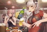  4girls alcohol azur_lane beer beer_bottle bird black_dress blue_eyes breasts chick china_dress chinese_clothes cup dress drill_hair dumpling eating flower food food_in_mouth grey_hair hair_flower hair_ornament highres holding holding_cup indoors jiaozi large_breasts long_hair looking_at_viewer luetzow_(azur_lane) luetzow_(steaming_hot_treat)_(azur_lane) manjuu_(azur_lane) mimiko_(fuji_310) multiple_girls ning_hai_(azur_lane) official_alternate_costume ping_hai_(azur_lane) pink_hair plate red_dress seydlitz_(azur_lane) short_sleeves sitting taut_clothes v yellow_eyes 