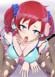  1girl bad_id bad_pixiv_id black_bra blue_eyes bra breasts cleavage commission digimon digimon_story:_cyber_sleuth everchix highres looking_at_viewer open_mouth red_hair saliva shiramine_nokia skeb_commission solo tagme thighhighs tongue tongue_out torn_clothes torn_thighhighs translation_request twintails underwear 