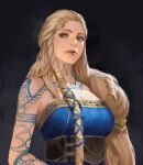  1girl asymmetrical_hair bare_shoulders black_background blonde_hair body_markings braid breasts cleavage closed_mouth collarbone god_of_war_ragnarok green_eyes lips long_hair looking_at_viewer phamoz sif_(god_of_war) simple_background solo 