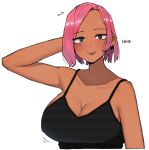  1girl blush breasts cleavage dark-skinned_female dark_skin earrings english_text jewelry looking_at_viewer ohasi original pink_(ohasi) pink_hair short_hair simple_background solo sweat tank_top white_background 