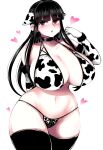  1girl absurdres animal_ears animal_print arm_behind_back bikini black_hair black_thighhighs blush breasts brown_eyes choker cleavage collarbone commentary_request cow_ears cow_print cowboy_shot curvy elbow_gloves gloves haseru_(ginku_mh) heart highres huge_breasts long_hair looking_at_viewer mole mole_on_breast mole_on_thigh mole_under_mouth navel open_mouth original simple_background solo swimsuit thighhighs white_background 