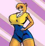  anthro big_breasts blue_eyes bottomwear breasts clothing curvy_figure danellz digital_media_(artwork) felid female fur hair hands_on_hips huge_breasts leotard lion mammal marissa_(marissa) multicolored_body multicolored_fur navel_outline pantherine solo thick_thighs topwear two_tone_body two_tone_fur wide_hips 