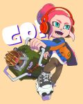  1boy black_footwear blue_eyes blue_shirt brown_pants buttons commentary_request english_text explosher_(splatoon) headphones highres holding holding_weapon ink_tank_(splatoon) inkling inkling_boy open_mouth orange_shirt pants red_hair shirt shoes simple_background solo splatoon_(series) splatoon_3 teeth two-tone_footwear two-tone_shirt weapon white_footwear white_shirt xdies_ds yellow_background 