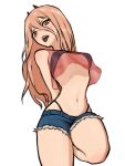  1girl arms_behind_back blonde_hair chainsaw_man cross-shaped_pupils cutoffs denim denim_shorts gurumo_(twitter) hair_between_eyes highres horns long_hair looking_at_viewer open_mouth pants panty_straps power_(chainsaw_man) red_horns see-through_camisole sharp_teeth shorts simple_background solo symbol-shaped_pupils teeth tongue tongue_out torn_clothes torn_pants white_background yellow_eyes 