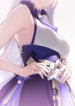  1girl absurdres adjusting_clothes armpits bare_shoulders breasts chinese_clothes choker dress dressing fingernails flower_ornament from_side genshin_impact grey_hair highres keqing_(genshin_impact) kokuusinsin lips long_hair medium_breasts neck_tassel parted_lips purple_choker purple_dress sideboob sleeveless sleeveless_dress solo upper_body white_background 