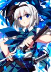  1girl :o black_hairband black_ribbon blue_background blue_eyes blue_neckerchief blue_petals blue_ribbon blue_theme blush bob_cut bow_hairband collared_shirt colored_eyelashes commentary_request cowboy_shot glint green_skirt green_vest hair_ribbon hairband highres holding holding_sword holding_weapon katana konpaku_youmu neckerchief parted_lips petals puffy_short_sleeves puffy_sleeves ribbon sazanami_mio sheath shirt short_hair short_sleeves skirt solo sword touhou unsheathing vest weapon white_background white_hair white_shirt 