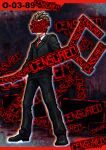  1boy bar_censor black_footwear black_jacket black_pants blonde_hair buttons censored censored_(lobotomy_corporation) check_gender collared_jacket collared_shirt commentary_request dark_background denim e.g.o_(project_moon) employee_(lobotomy_corporation) faceless full_body holding holding_weapon jacket jeans lobotomy_corporation long_sleeves meimaru_inuchiyo necktie numbered pants partial_commentary project_moon red_necktie shirt shoes spiked_hair weapon white_shirt 