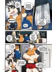  absurd_res anthro bulge canid canine canis clothed clothing comic domestic_cat domestic_dog duo felid feline felis hi_res luwei_(artist) male male/male mammal muscular muscular_male peeing shirt sumiya topwear underwear undressing yuta 