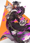  1boy 1girl ahoge alternate_costume animal_ears animal_hands black_choker black_dress black_hair black_pants black_robe blush candy choker corruption dress eyes_of_grima family fangs father_and_daughter fire_emblem fire_emblem_awakening fire_emblem_heroes food fur_trim gloves hair_between_eyes halloween_costume highres holding holding_candy holding_food holding_lollipop hood hood_down hooded_coat lollipop looking_at_viewer morgan_(female)_(fire_emblem) morgan_(fire_emblem) official_alternate_costume open_clothes open_mouth open_robe pants paw_gloves pointy_ears possessed queqiansuzume red_eyes robe robin_(fire_emblem) robin_(male)_(fire_emblem) robin_(male)_(halloween)_(fire_emblem) short_hair simple_background smile tail white_hair wolf_ears wolf_tail 