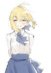  1girl ahoge arms_behind_back artoria_pendragon_(fate) blue_ribbon blue_skirt blush closed_eyes collared_shirt facing_viewer fate/stay_night fate_(series) hair_ribbon high-waist_skirt highres long_sleeves neck_ribbon parted_lips ribbon saber shirt sidelocks simple_background sketch skirt smile solo tenoo12 white_background white_shirt wind 