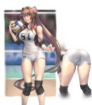  1girl ass blush breasts brown_eyes brown_hair clothes_writing collarbone flower hair_between_eyes hair_flower hair_ornament highres kantai_collection kokuzou large_breasts long_hair multiple_views open_mouth pink_flower ponytail shorts smile sportswear uniform very_long_hair volleyball volleyball_net volleyball_uniform white_shorts yamato_(kancolle) 