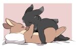  ambiguous/ambiguous ambiguous_gender bed black_body black_fur brown_body brown_fur countershading duo feral fur furniture kneeling lagomorph leporid light_body light_countershading lying mammal on_back on_bed pillow rabbit tsukune_minaga 