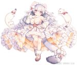  &gt;:) 1girl :d angelic_link animal animal_ear_fluff animal_ears animal_request bare_shoulders black_footwear blush bow breasts character_request cleavage closed_mouth detached_sleeves dress ferret full_body fur-trimmed_dress fur-trimmed_sleeves fur_trim grey_hair hand_up head_tilt komachi_pochi large_breasts long_hair long_sleeves looking_at_viewer official_art puffy_long_sleeves puffy_sleeves purple_eyes red_bow ribbon_trim shoes simple_background sleeves_past_wrists smile solo standing standing_on_one_leg striped striped_bow v-shaped_eyebrows very_long_hair white_background white_dress white_sleeves 