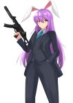  1girl absurdres animal_ears black_jacket black_pants black_vest casino_royale cosplay cowboy_shot formal gun h&amp;k_ump9 highres hiuyec imperishable_night jacket james_bond james_bond_(cosplay) james_bond_(series) necktie pants purple_hair rabbit rabbit_ears reisen_udongein_inaba simple_background suit touhou vest weapon white_background 