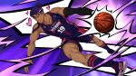  1boy ball basketball_(object) basketball_jersey basketball_uniform blue_footwear blue_shorts blue_socks closed_mouth collaboration dark-skinned_male dark_skin dutch_angle full_body heart highres holding holding_ball jock_studio_(blits_games) looking_at_viewer male_focus mikkoukun non-web_source official_art one_eye_closed purple_background purple_eyes purple_hair shoes shorts smile socks solo sportswear thighs variant_set zamius zayne_alexander 