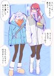  2girls absurdres ahoge black_pantyhose blue_eyes blue_jacket blush boots commentary_request cool_(gundam_suisei_no_majo) dated fur-trimmed_jacket fur_trim gundam gundam_suisei_no_majo high_collar highres holding_hands hots_(gundam_suisei_no_majo) interlocked_fingers jacket long_hair miorine_rembran multiple_girls orange_scarf outdoors pantyhose pink_eyes pink_sweater red_hair scarf shadow speech_bubble suletta_mercury sweater thick_eyebrows translation_request twitter_username white_footwear white_hair white_jacket winter_clothes yuri_kyanon 
