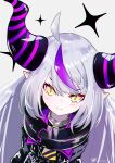  1girl absurdres ahoge ascot black_horns braid braided_bangs coat coat_dress collar demon_horns grey_hair highres hololive horns la+_darknesss la+_darknesss_(1st_costume) magui3 metal_collar multicolored_hair pointy_ears purple_coat purple_hair streaked_hair striped_horns virtual_youtuber yellow_ascot 