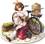  1girl :3 animal_ears antenna_hair artist_request bag bamboo_steamer bare_shoulders belt bicycle black_choker black_footwear breasts brown_eyes brown_hair chest_belt choker chopsticks cleavage clothing_cutout crate detached_sleeves dress eversoul food full_body game_cg hair_ribbon large_breasts looking_at_viewer loose_socks monkey_ears monkey_girl monkey_tail non-web_source official_alternate_costume official_alternate_hairstyle official_art parted_bangs plant potted_plant ribbon shoulder_bag sitting smile socks solo tachi-e tail thigh_strap transparent_background tying_footwear underboob_cutout white_dress xiaolian_(eversoul) 