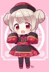  1girl :d black_dress black_sleeves black_thighhighs blush chibi commentary_request double_bun dress fang floral_print fujisawa_kamiya full_body grey_hair hair_bun hat jiangshi_costume long_sleeves looking_at_viewer natori_sana official_alternate_costume open_mouth pink_background qing_guanmao red_eyes red_footwear sana_channel sleeves_past_fingers sleeves_past_wrists smile solo standing thighhighs virtual_youtuber wide_sleeves 