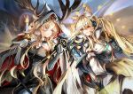  2girls absurdres animal_ear_fluff animal_ears antlers_through_headwear arknights blonde_hair blue_eyes blurry blurry_background brown_eyes candle cape deer_antlers deer_ears deer_girl ears_through_headwear gauntlets headset highres holding holding_candle holding_sword holding_weapon hood hooded_cape horse_ears horse_girl implied_extra_ears knight kurosabi_neko lit_candle long_hair multiple_girls name_tag nearl_(arknights) nearl_the_radiant_knight_(arknights) outdoors sword unsheathed viviana_(arknights) weapon 